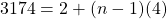 3174=2+(n-1)(4)